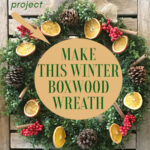 boxwood wreath with orange slices and pinecones