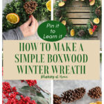 boxwood wreath with orange slices and pinecones