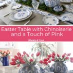 blue and white chinoiserie Easter tablescape with pink tulips and bunnies