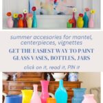 colored glass painted vases with zinnias on mantel
