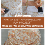 DIY fall decoupage charger with leaf design graphic